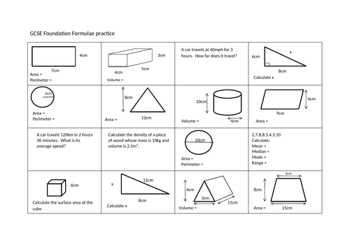 GCSE Maths Formulae Practice worksheet - Foundation | Teaching Resources