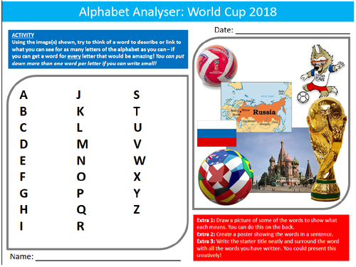 World Cup 2018 Alphabet Analyser Sheet Starter Activity Keywords Cover PE Sport