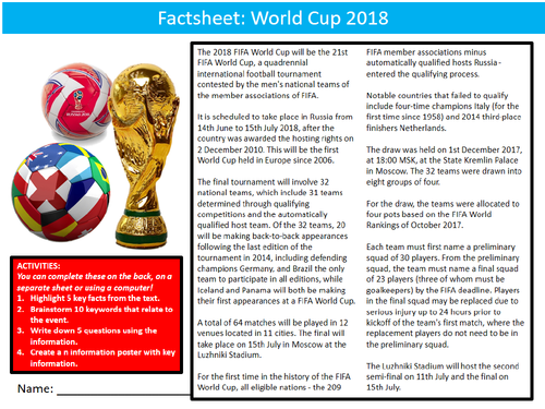 World Cup 2018 Factsheet Worksheet Sheet Starter Activity Keywords Cover PE Sport