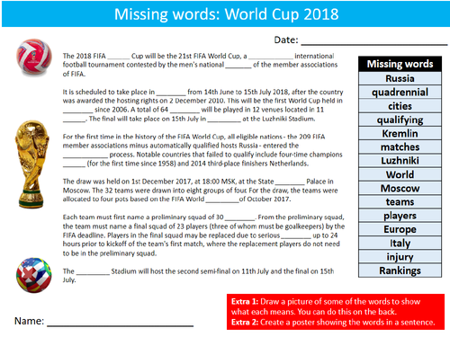 World Cup 2018 Missing Words Cloze English Sheet Starter Activity Keywords Cover PE Sport