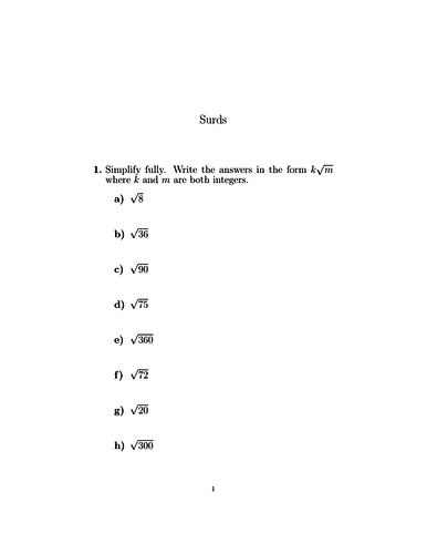 problem solving with surds worksheet