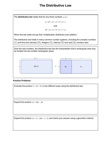 Distributive Law Worksheet with Problems and Solutions (.pdf ...