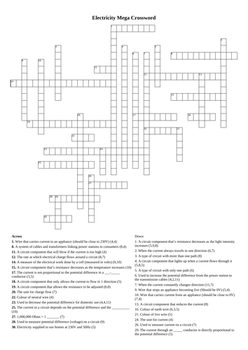 AQA Physics Electricity Revision Crossword