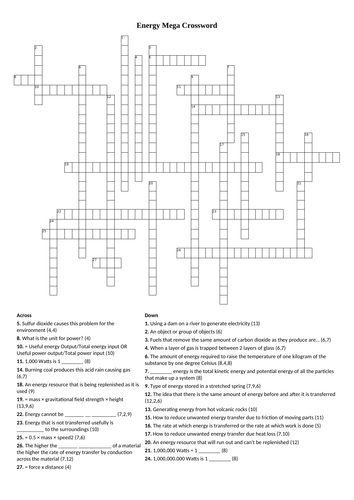 AQA Physics Energy Revision Crossword