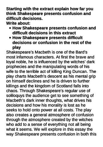 Grade 9 exemplar Macbeth essay Confusion and difficult decisions