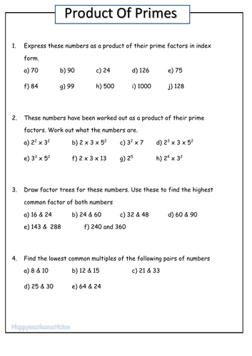 A homework / revision sheet about Product of Primes and their links to HCF and LCM