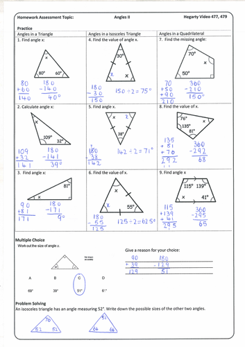 Angles in a Triangle and Quadrilateral Homework with Answers | Teaching