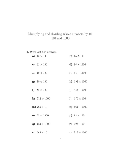 Multiplying and dividing whole numbers by 10, 100 and 1000 worksheet ...