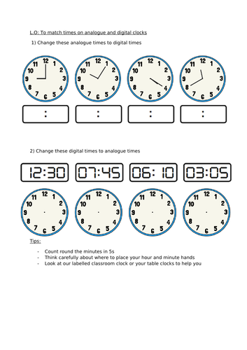 Convert analogue time to digital time | Teaching Resources