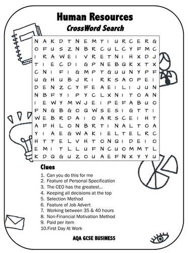 AQA GCSE Business (9-1) - Cross WordSearch - Human Resources