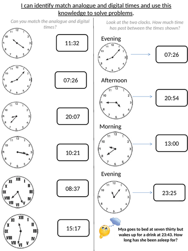 year 34 matching analogue and digital times teaching resources