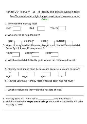Monkey Puzzle Comprehension KS1 - differentiated | Teaching Resources