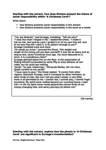 AQA Literature Paper 1 Exam Questions A Christmas Carol Teaching 