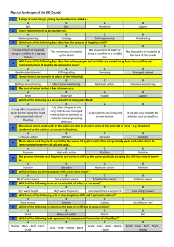 Multiple choice quiz for coasts