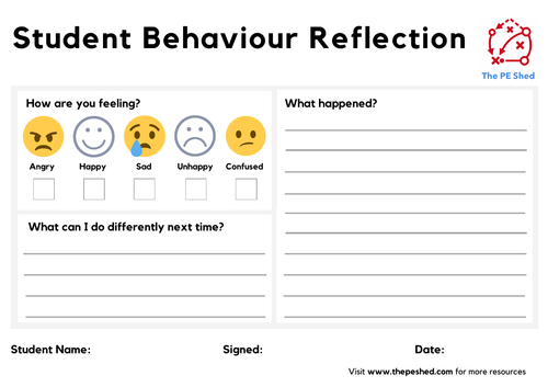 student behaviour reflection sheet for pe the pe shed free teaching resources