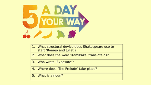 5 a day starters for Romeo and Juliet and the AQA Power and Conflict poetry (GCSE revision)