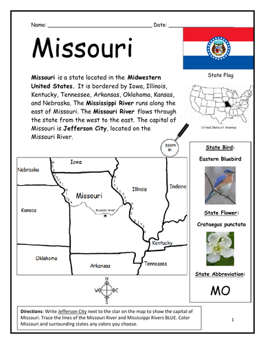 MISSOURI - Printable handout with map and flag | Teaching Resources