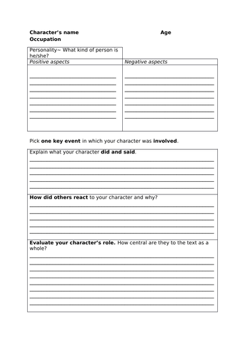 Character Sheet Template & Diary Entry | Teaching Resources