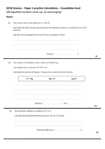 GCSE Science/Physics paper 1 calculation practice - Higher & Foundation