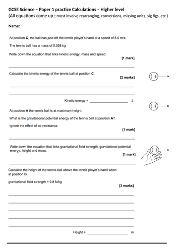 GCSE Science/Physics paper 1 calculation practice - Higher & Foundation