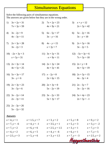 Harder Simultaneous Equations - 25 Questions with answers | Teaching ...