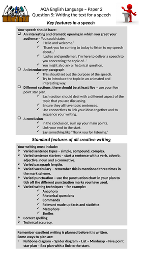HOW TO WRITE A SPEECH CHECKLIST AND THREE MOCK EXAM QUESTIONS - AQA ENGLISH LANGUAGE PAPER 2