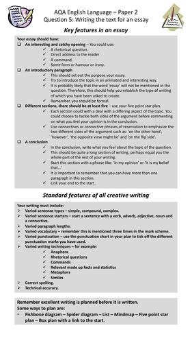 HOW TO WRITE AN ESSAY FOR Q5 CHECKLIST AND THREE MOCK EXAM QUESTIONS - AQA ENGLISH LANGUAGE PAPER 2
