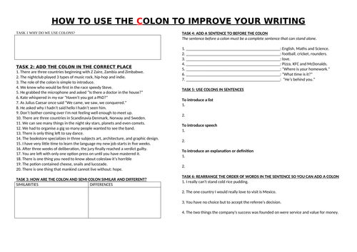 How to use a colon and semi colon worksheets