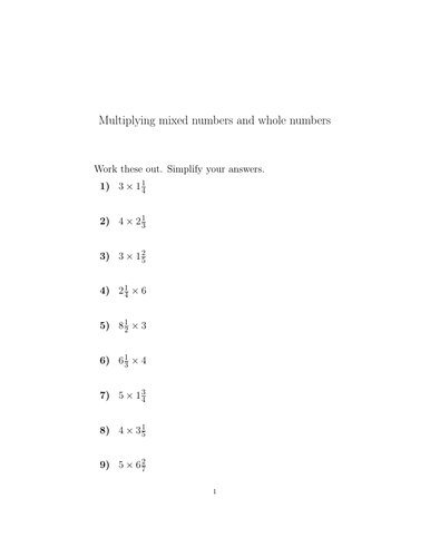 Multiplying mixed numbers and whole numbers worksheet no 2 (with