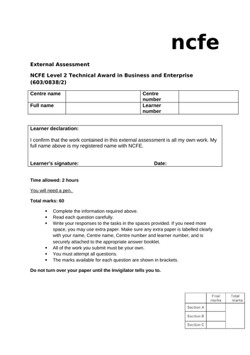 ncfe business and enterprise coursework example