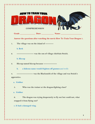 Movie How To Train Your Dragon 1 Comprehension Worksheet Key Teaching Resources