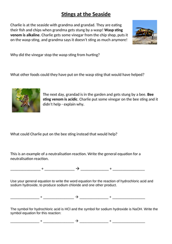 ks3 neutralisation worksheet bee wasp stings teaching resources
