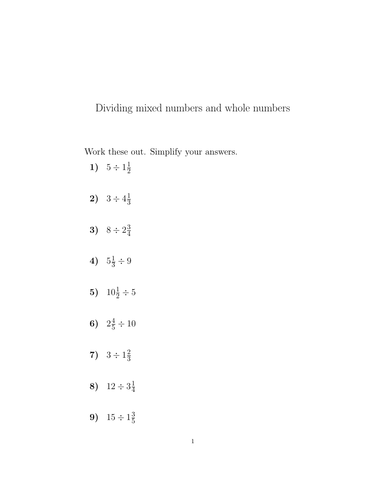 Dividing mixed numbers and whole numbers worksheet (with solutions