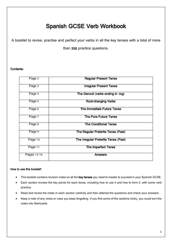 Spanish Verbs Tenses Booklet For Gcse With Answers Teaching Resources 7119