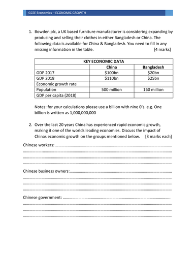 Economic Growth Worksheet Teaching Resources