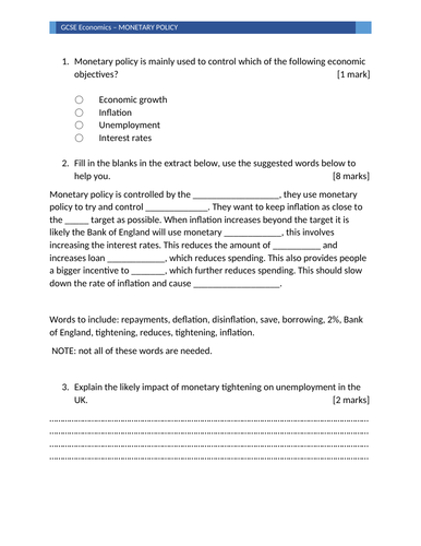 Monetary Policy Worksheet Teaching Resources