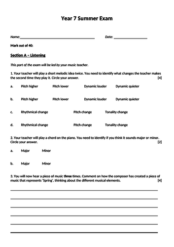 Year 7 Music - End of Year Exam | Teaching Resources