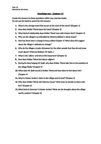 Harvest by Jim Crace - Knowledge test 1-6