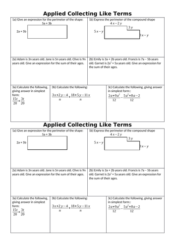 Applied Collecting Like Terms / Simplifying Algebra - Maths Problem Solving Worksheet + Answers
