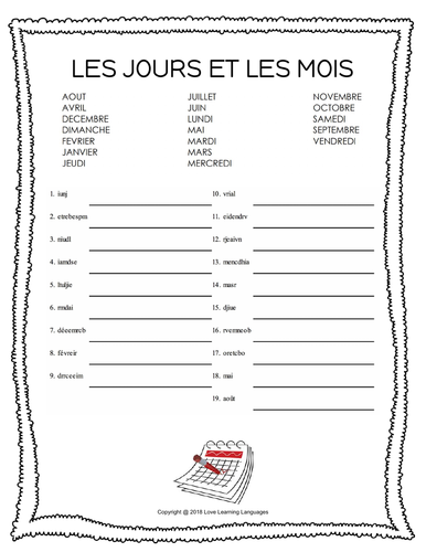 French months and days scrambled words worksheet - Les jours et les ...