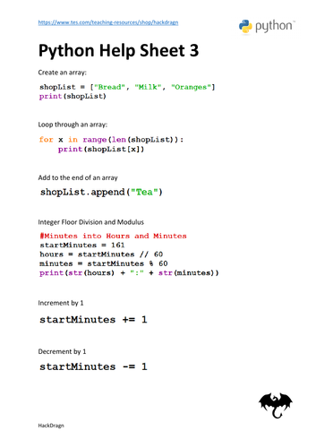 Python Programming Help Sheets | Teaching Resources