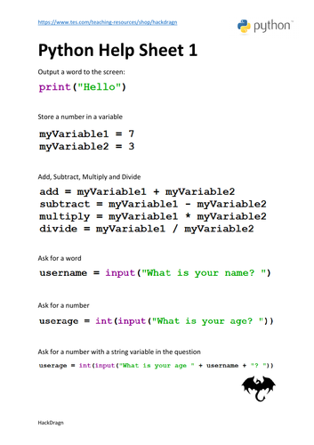 Python Programming Help Sheets | Teaching Resources