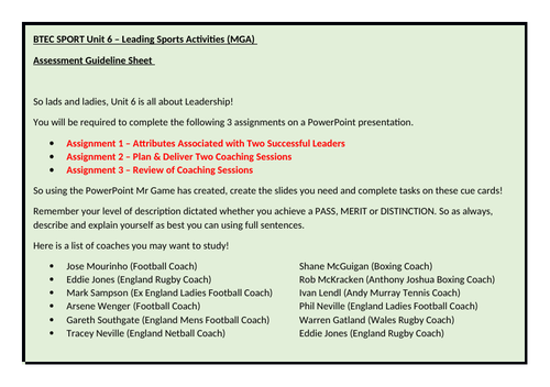BTEC Sport Unit 6 - Leading Sports Activities_Task Cards to Assist ...