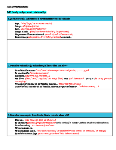 YEAR 10 Oral questions CIE IGCSE with scaffolding- Spanish