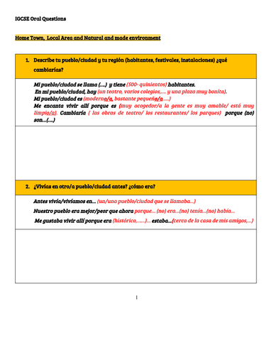 YEAR 11 Oral questions CIE IGCSE with scaffolding- Spanish