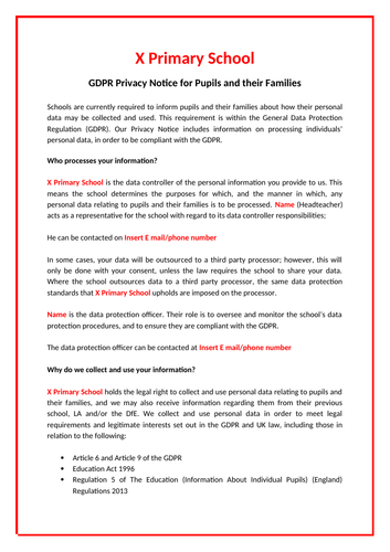 GDPR Model Privacy Notices, DPIA, Letters, Policies etc | Teaching ...