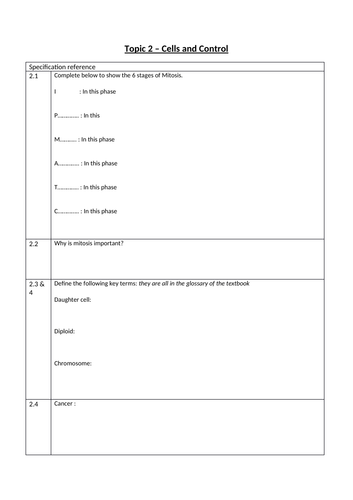 Edexcel 9-1 Combined Science (Biology) Topic 2 Cells and Control ...