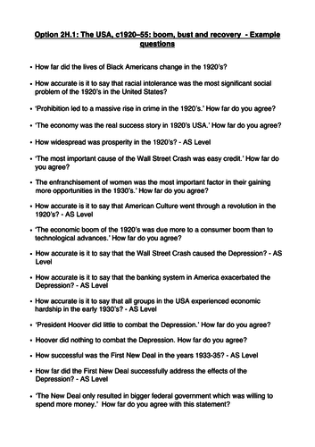 Option 2H.1: The USA, c1920–55: boom, bust and recovery - Example questions