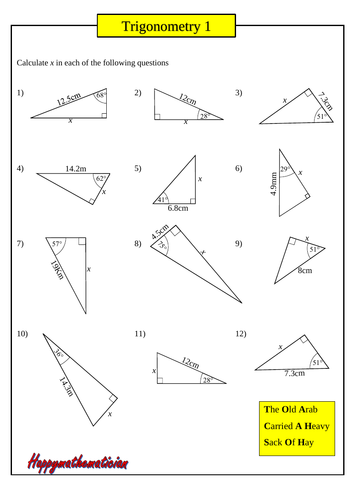 6 worksheets on trigonometry in right angled triangles