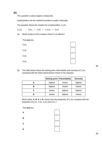 GCSE AQA Chemistry Organic Revision Worksheets LT 1